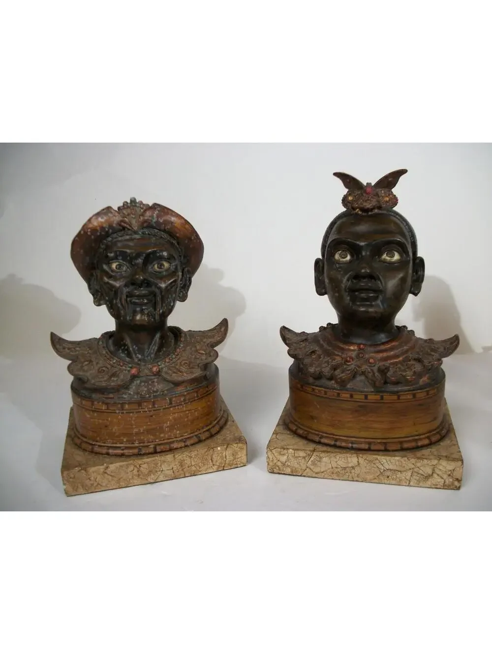 2) Antique Chinoiserie-style Mandarin and Queen jeweled glass eyed Sculptures